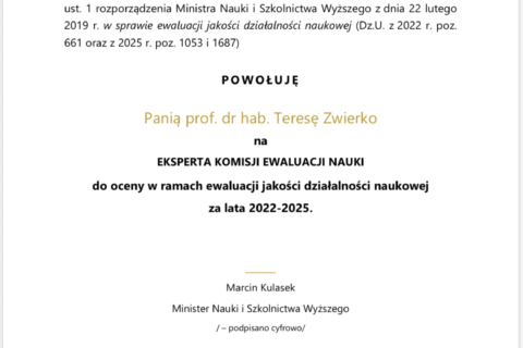 Prof. dr hab. Teresa Zwierko Ekspertem Komisji Ewaluacji Nauki za lata 2022-2025